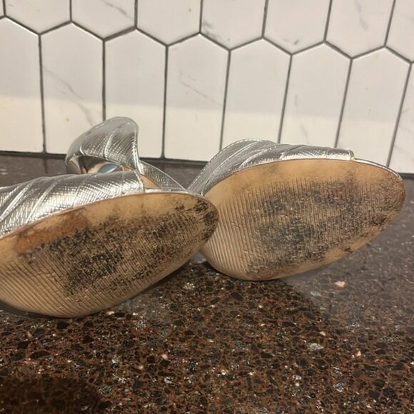 Aldo Silver High Heels Leather Open Toe Stilettos W Rhinestones Womens Sz 8 - Picture 8 of 8